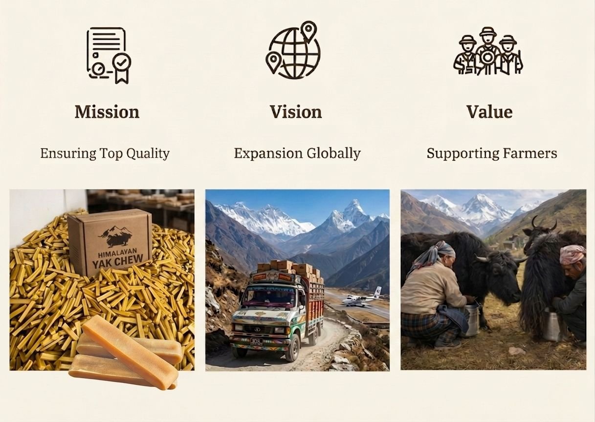 Infographic of mission, vision, and values for Himalayan yak chew production and global export.