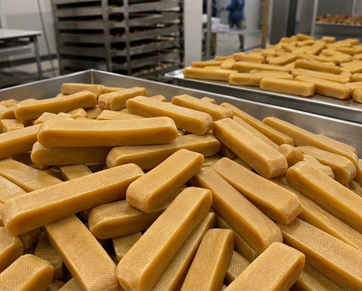 Bulk Himalayan dog yak chews stored inside the Native Nepali production facility.