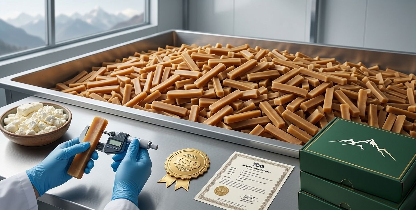 Technician measuring a yak chew next to ISO and FDA certificates in a mountain-view facility.