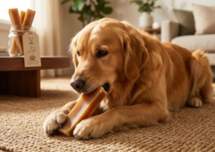 dog eating yak chew happily