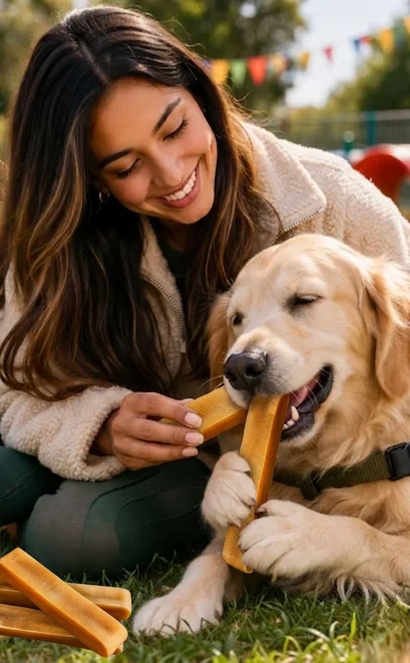 Happy client of Native Nepali feeding a Himalayan yak milk chew to her Golden Retriever outdoors.