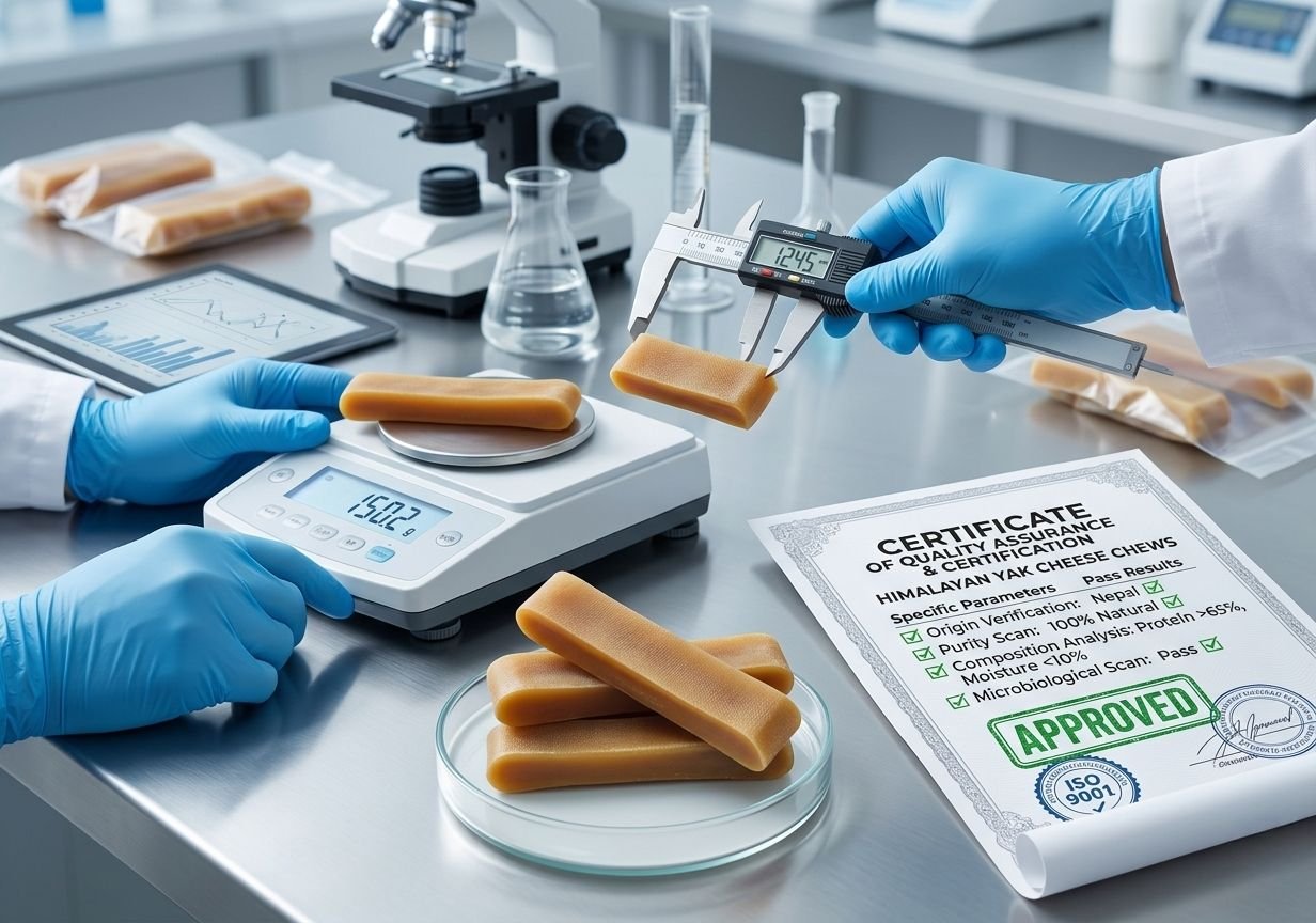 Quality control testing of Himalayan yak cheese dog chews in a laboratory setting.