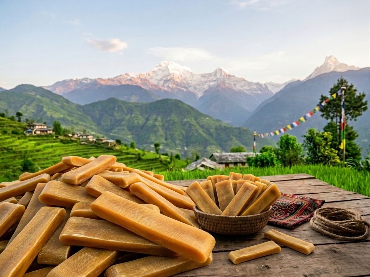 Stacked yak milk dog chews on a wooden table overlooking Himalayan mountains and terraced hills.