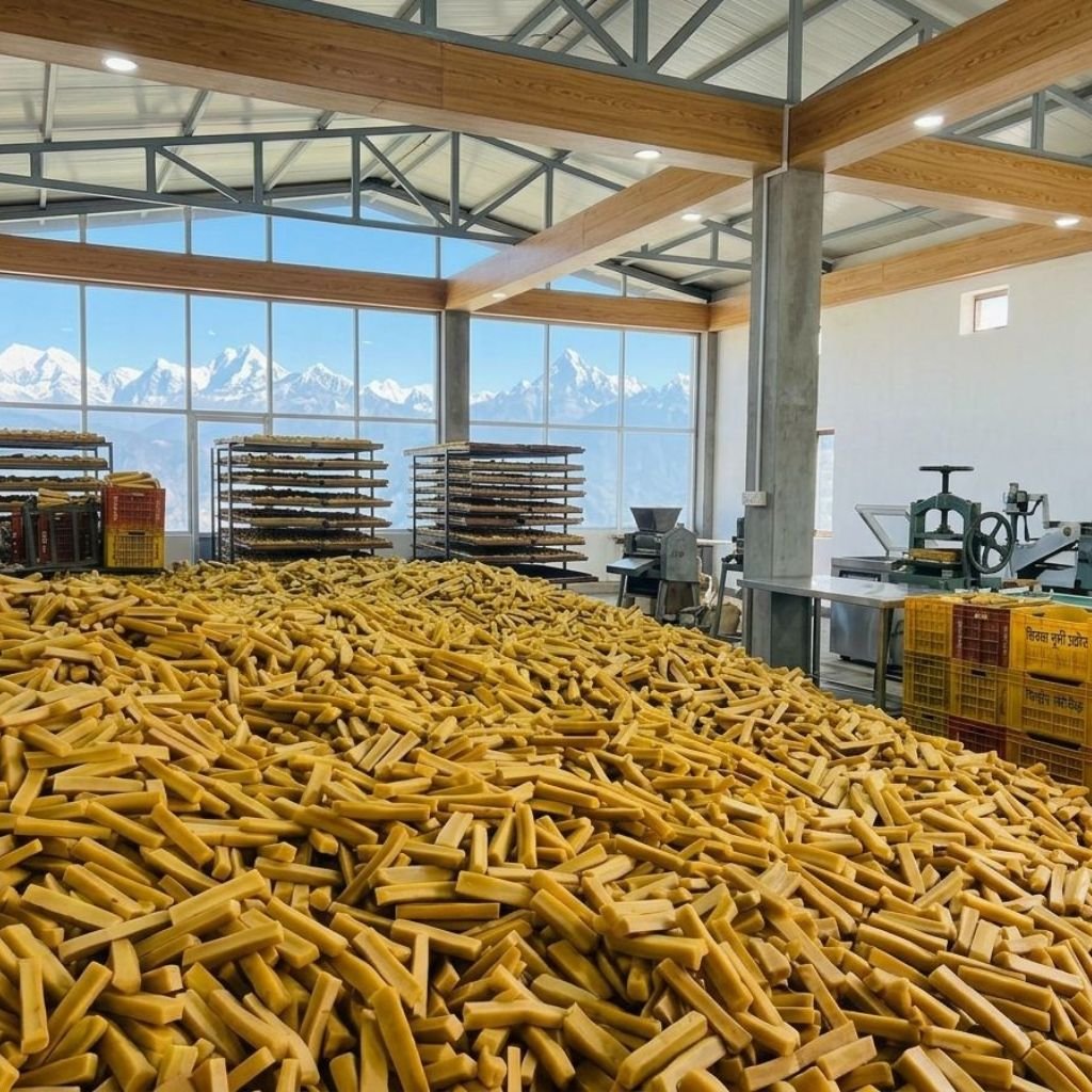 Bulk yak chews in a modern Himalayan production facility with mountain views for wholesale.