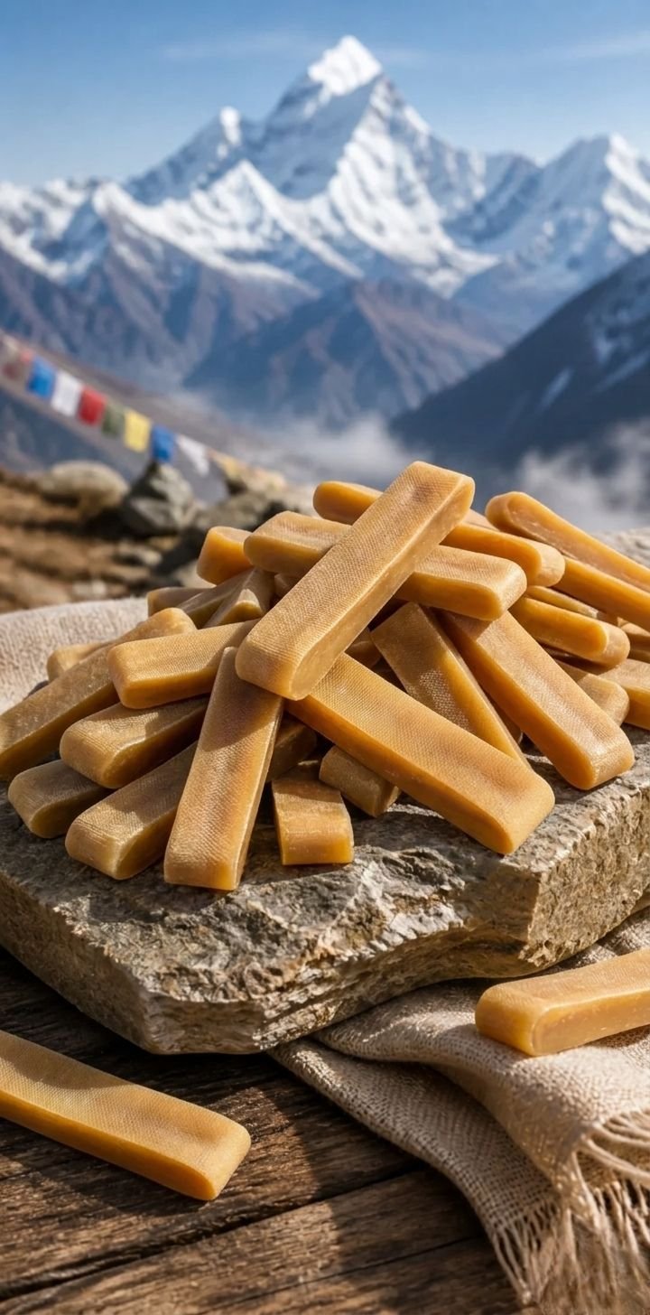 A pile of yak milk dog chews on a rock with snowy Himalayan mountains behind.