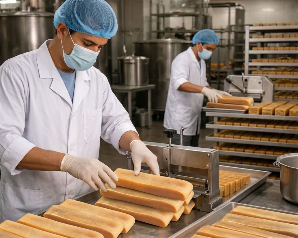 Workers using innovative machinery to cut Himalayan yak cheese chews in a modern facility.