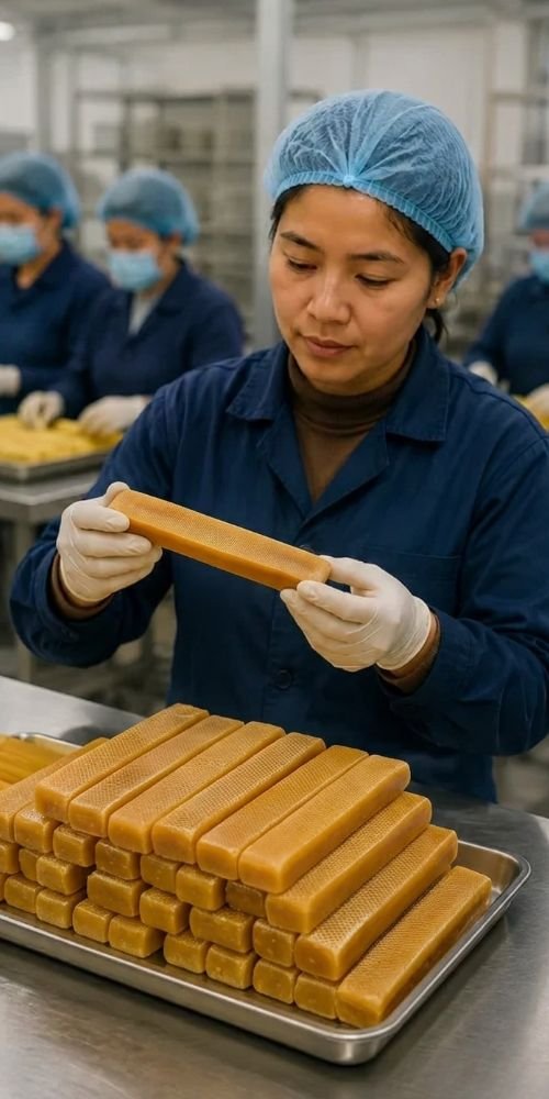 Quality inspection of Himalayan yak cheese dog chews in a modern industrial factory.