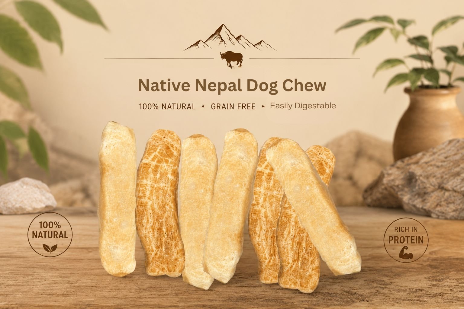 Native Nepal puffed yak chew bars on rustic wooden background, natural treat display