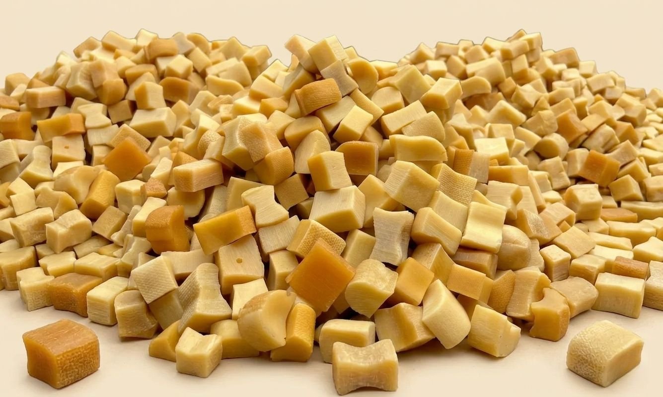 A heaping mound of square-cut yak cheese dog chew nuggets.