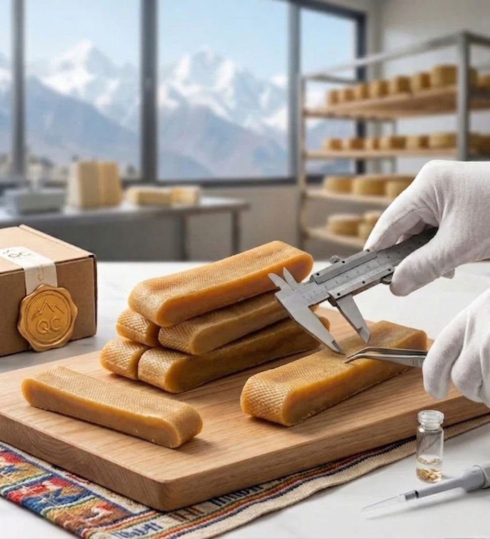 Technician measuring a Himalayan yak milk dog chew with calipers in a mountain facility.