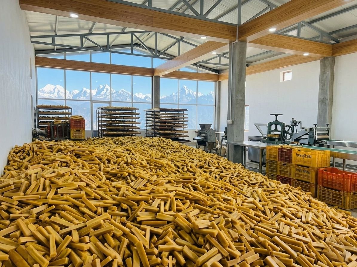 Massive pile of yak milk dog chews in a facility overlooking the Himalayas.