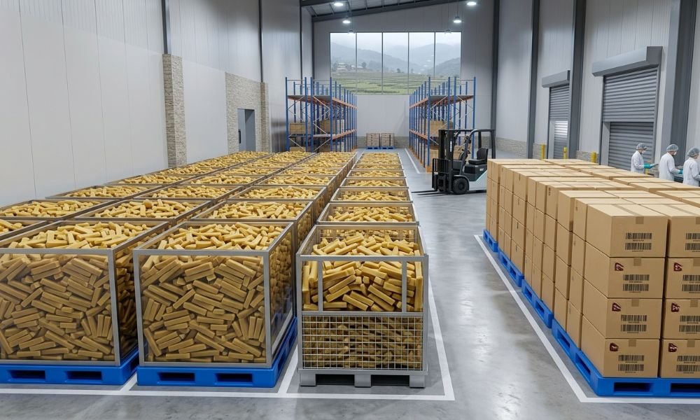 Wholesale yak chew supplier warehouse with bulk crates of natural dog treats in Nepal.
