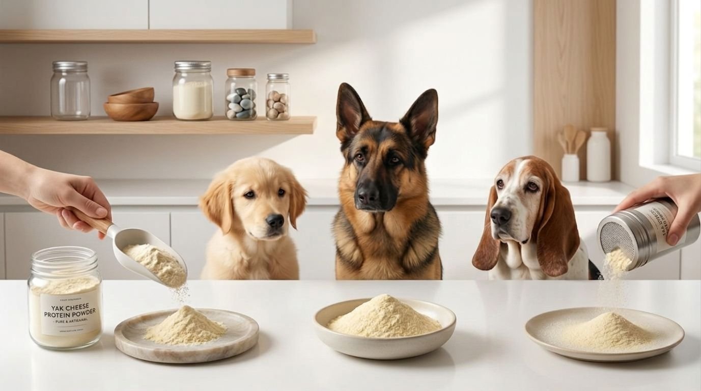 Himalayan Yak Cheese protein powder being served to dogs.