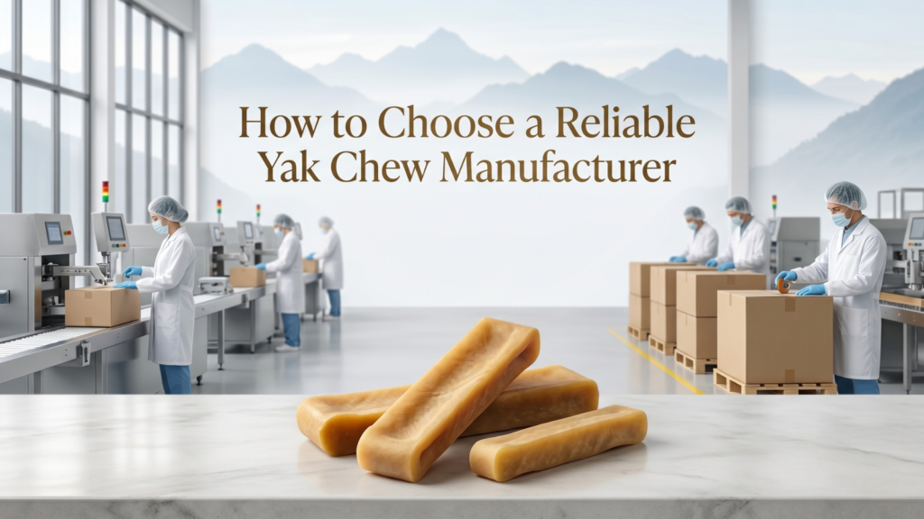 Authentic Himalayan yak chews with manufacturing quality and export expertise showcased in a professional supplier selection banner