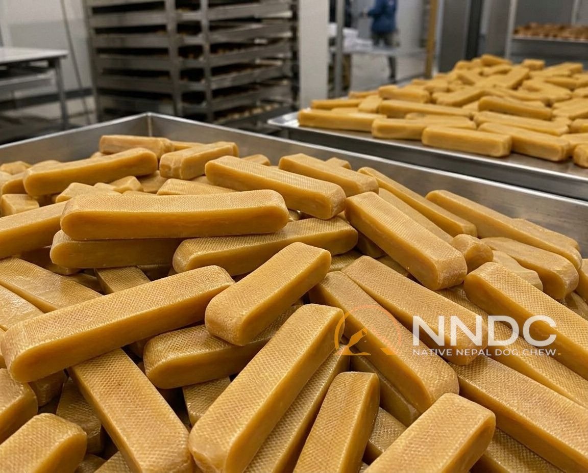 Bulk Himalayan dog yak chews stored inside the Native Nepali production facility.