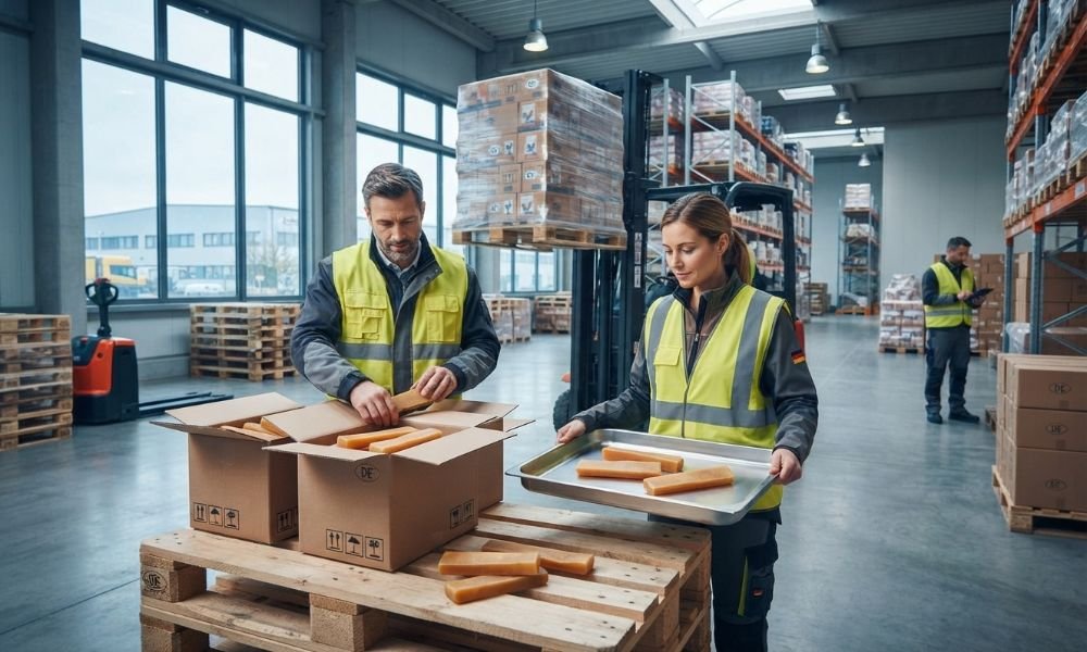 Himalayan yak chews from Nepal arriving at a German pet food warehouse