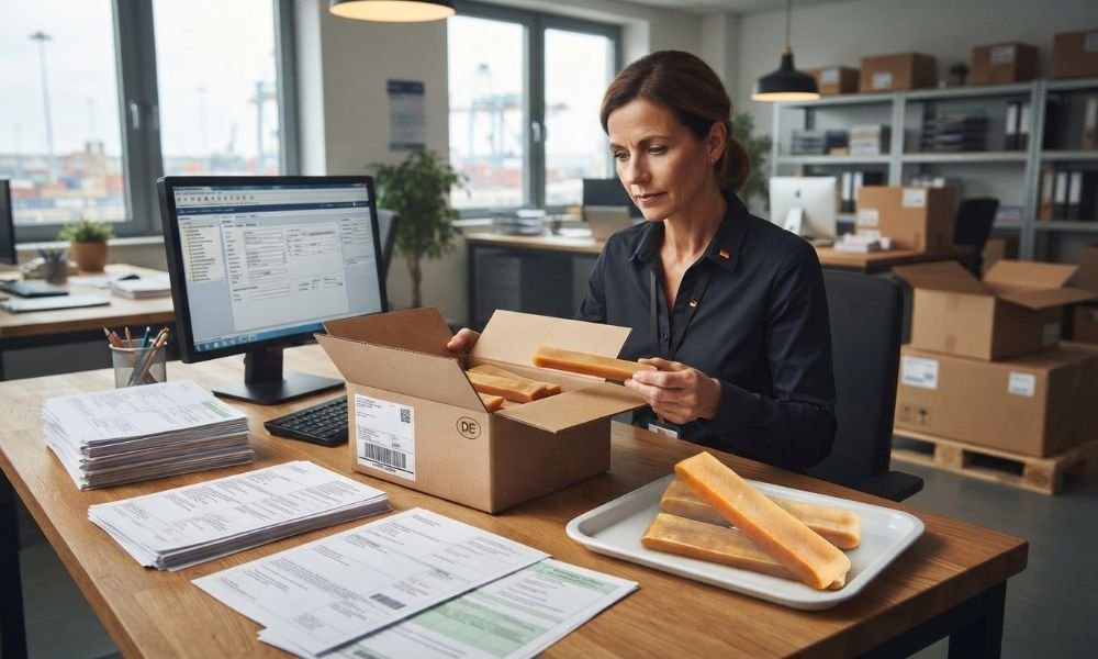 German customs broker reviewing Himalayan yak chew import shipment from Nepal