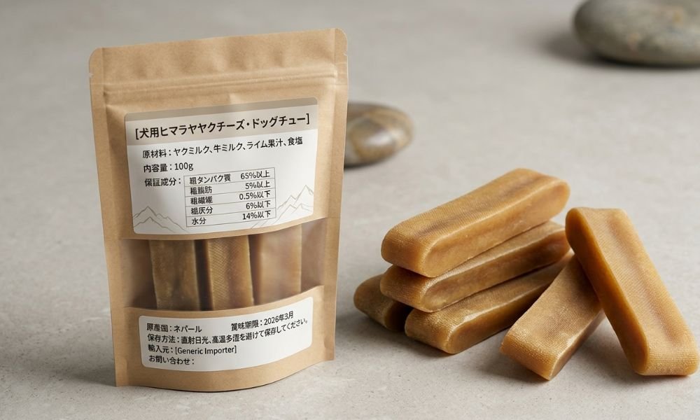 Japanese-language label on Himalayan yak dog chew packaging for Japan import compliance