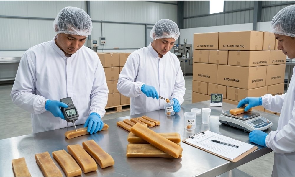 Nepal Himalayan yak chew manufacturer inspecting product quality for export to Japan