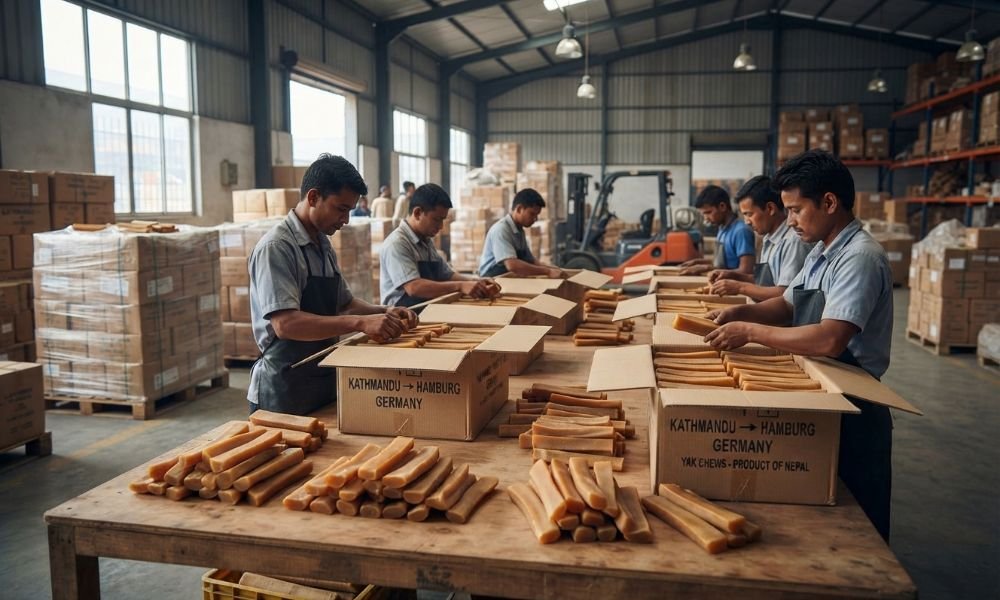 Yak chews being prepared for export from Nepal to Germany