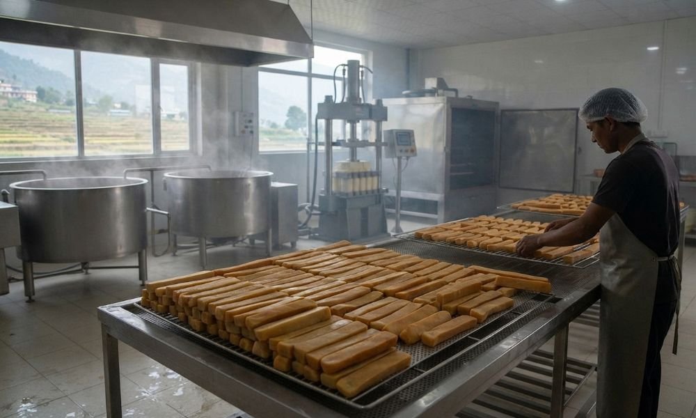 Processed Himalayan chhurpi yak cheese dog chews made from ruminant milk in Nepal.