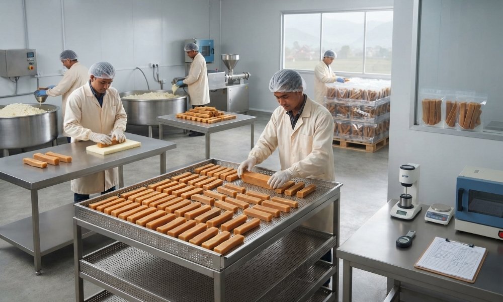 Himalayan yak cheese dog chews being manufactured and dried in Nepal.
