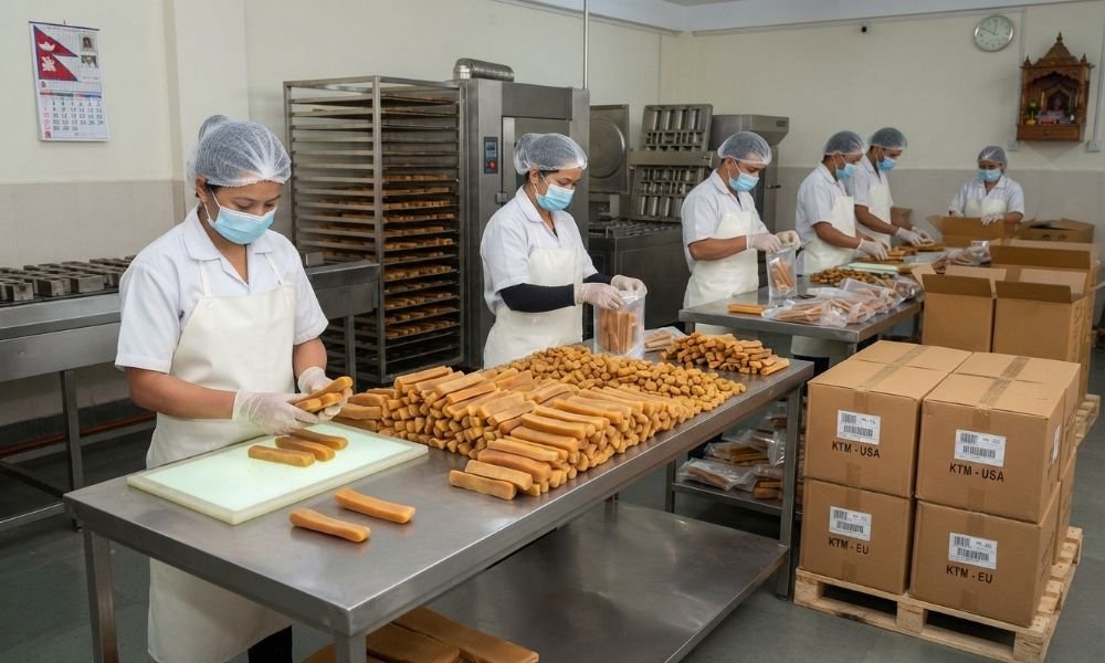 Himalayan yak chews being manufactured and packed for export in Nepal