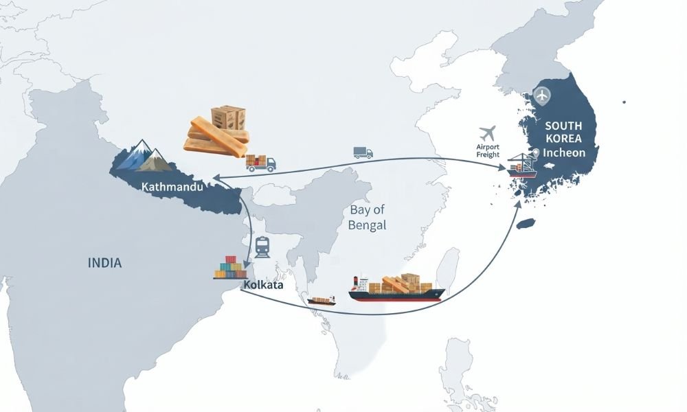 Shipping route for yak chews from Kathmandu Nepal through India to South Korea.