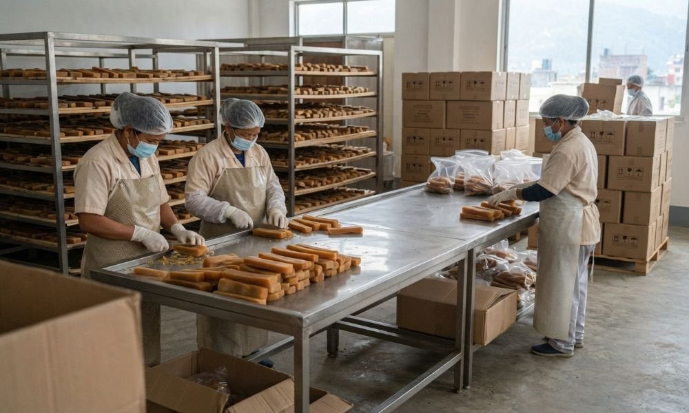 Himalayan yak chews being prepared for international export in Nepal