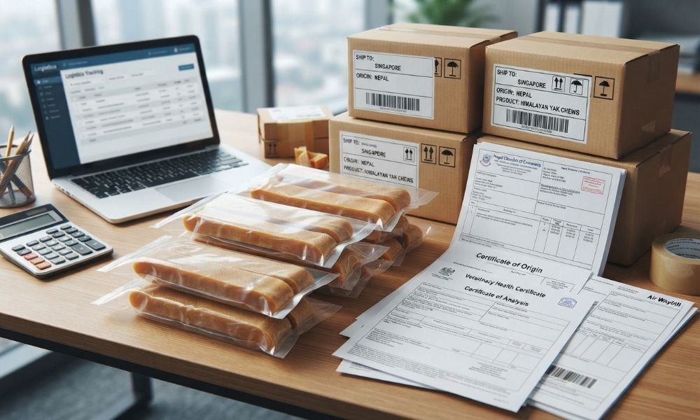 Export documents and Himalayan yak chews prepared for Singapore import