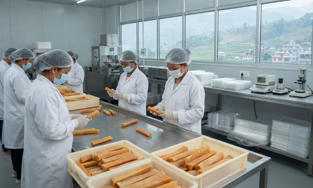 Yak chew manufacturing and quality inspection at a Nepalese production facility.