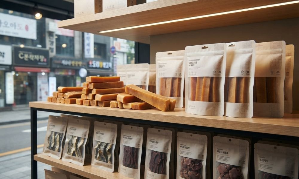 Imported Himalayan yak chews displayed for sale in the South Korean pet market.