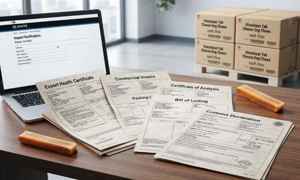 UK yak chew import documents including health certificate customs and shipping records.