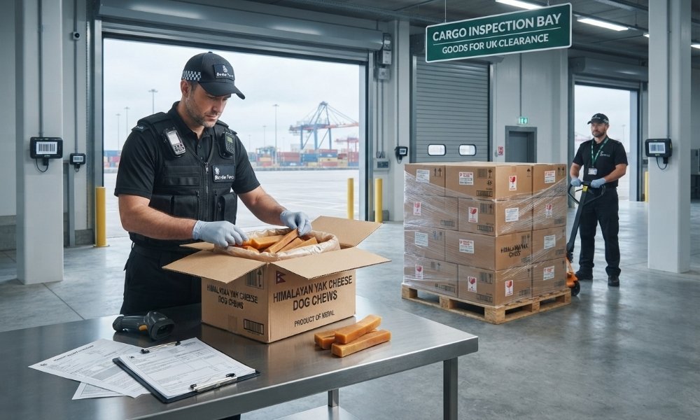 Yak chew shipment undergoing UK border control and import inspection.