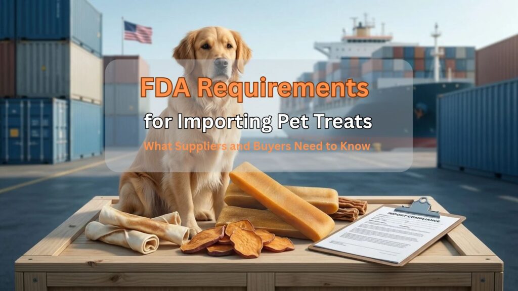 FDA requirements for importing pet treats, with natural dog chews and U.S. shipping containers.
