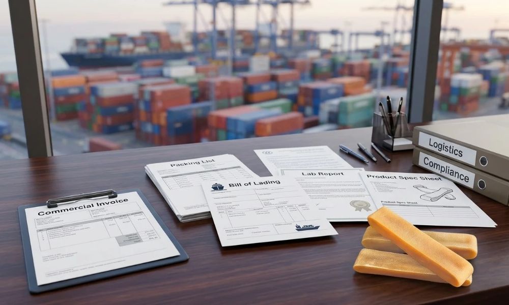 Import documentation for pet treats, including invoices, packing lists, laboratory reports, and shipping records.