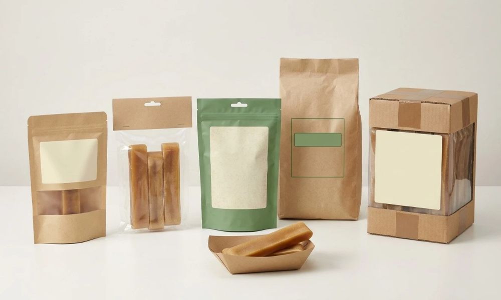 Private-label yak cheese dog chew pouches in different packaging sizes and customizable branding formats.