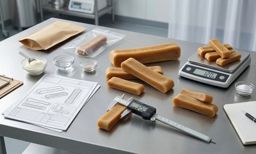 Himalayan yak chews being measured for private label product specifications