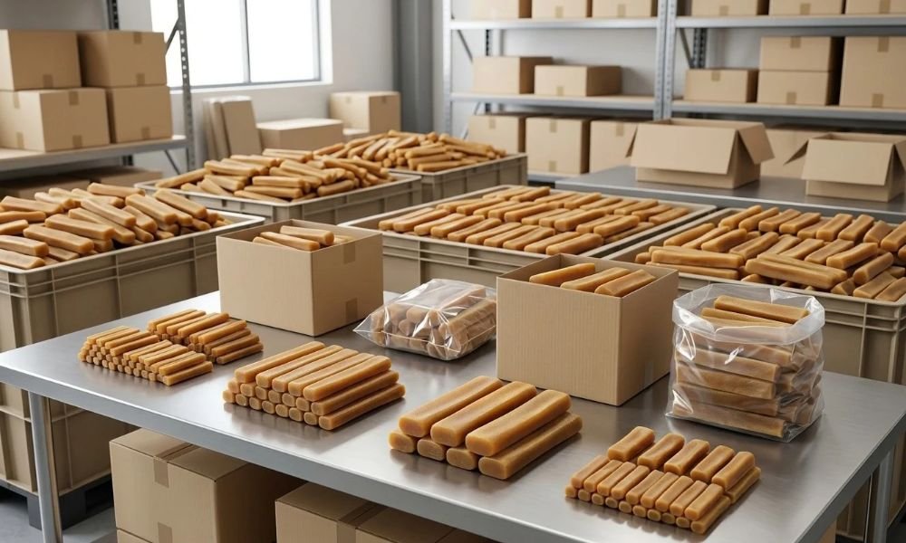 Bulk Himalayan yak chews arranged by size for wholesale pet retail supply