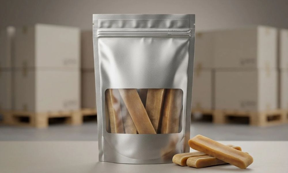 Sealed metallized barrier pouch with a resealable zipper for protecting yak cheese dog chews during export.