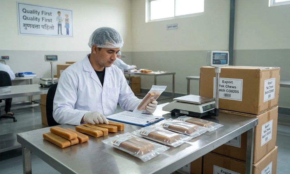 Quality control inspection of yak cheese dog chews, sealed pouches, and batch identification before export.