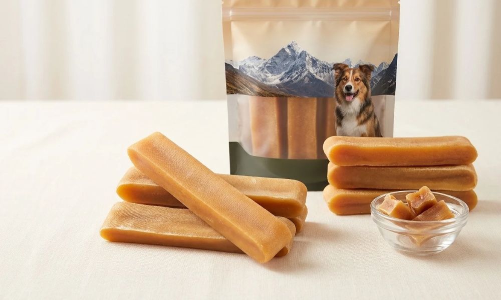Yak chew packaging label showing ingredient information, net weight, barcode, and Made in Nepal marking.