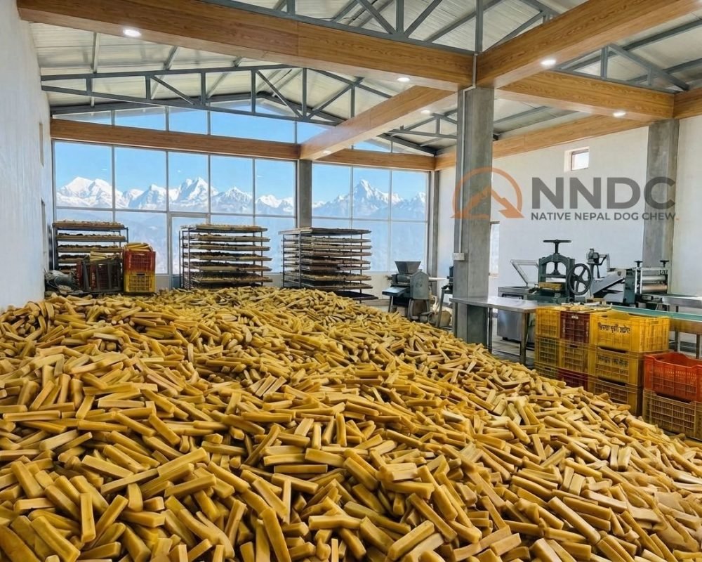 Bulk yak chews in a modern Himalayan production facility with mountain views for wholesale.